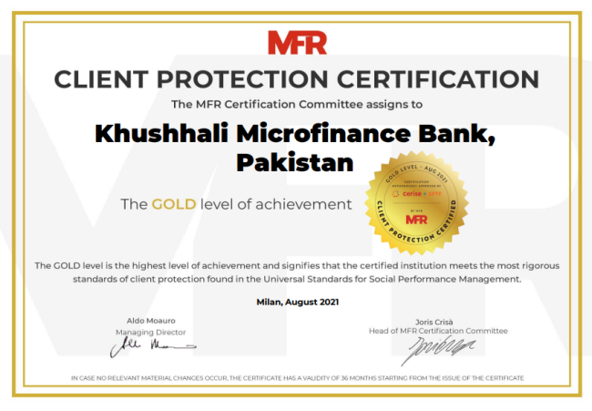 Khushhali Microfinance Bank receives Gold Level – Client Protection Certification